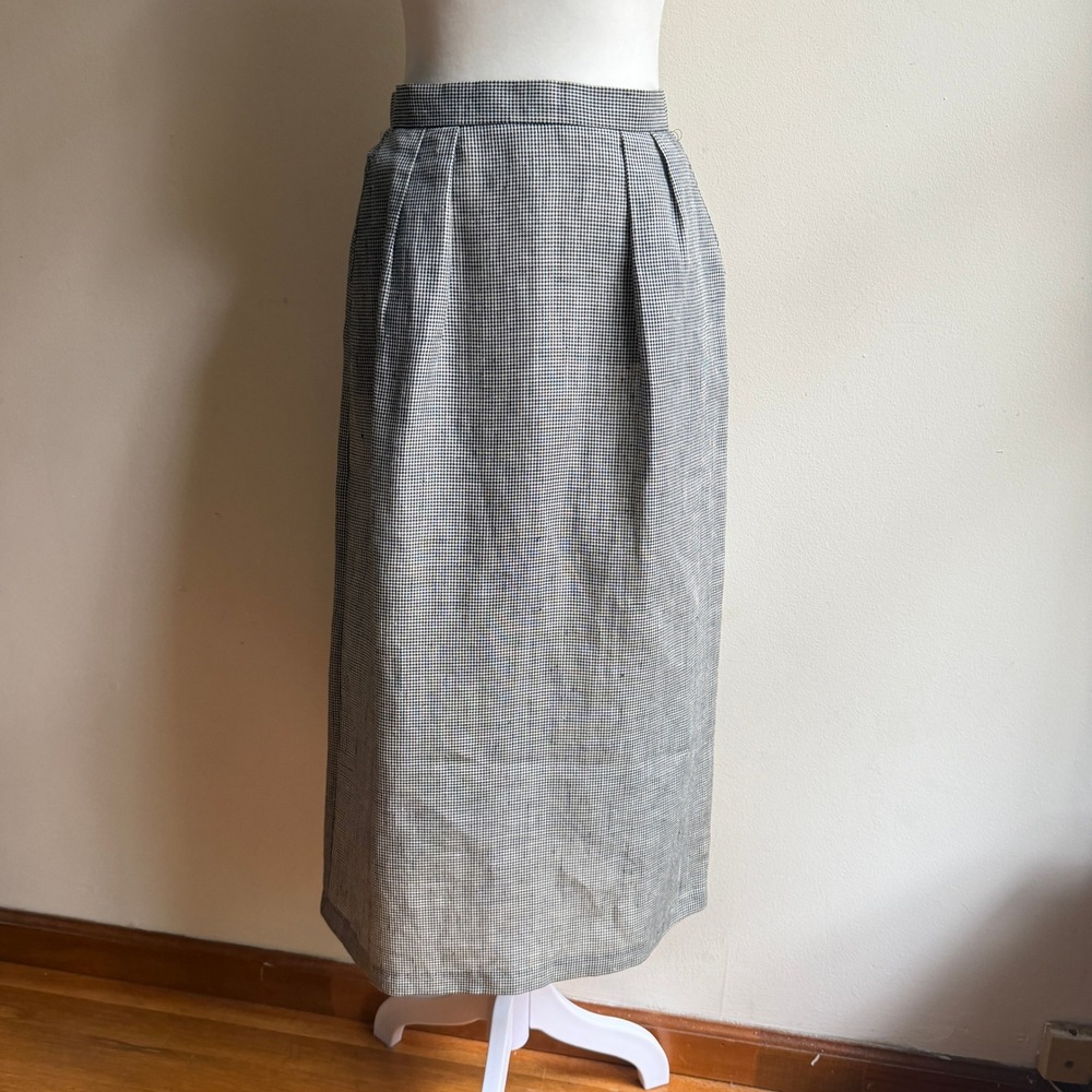 Vintage Tamotsu Linen Blend Column Skirt Pleated Midi Houndstooth 8 Academia